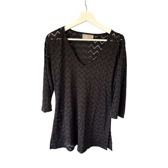 J. Valdi Black Chevron Sheer Knit Tunic Top V Neck 3/4 Sleeve M Whimsygoth - Picture 1 of 6